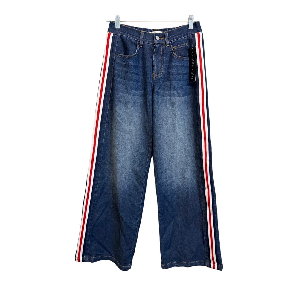 Madden Girl Wide Leg Jeans S Blue Medium Washed Stripe Denim Y2K Rave E Girl NWT
